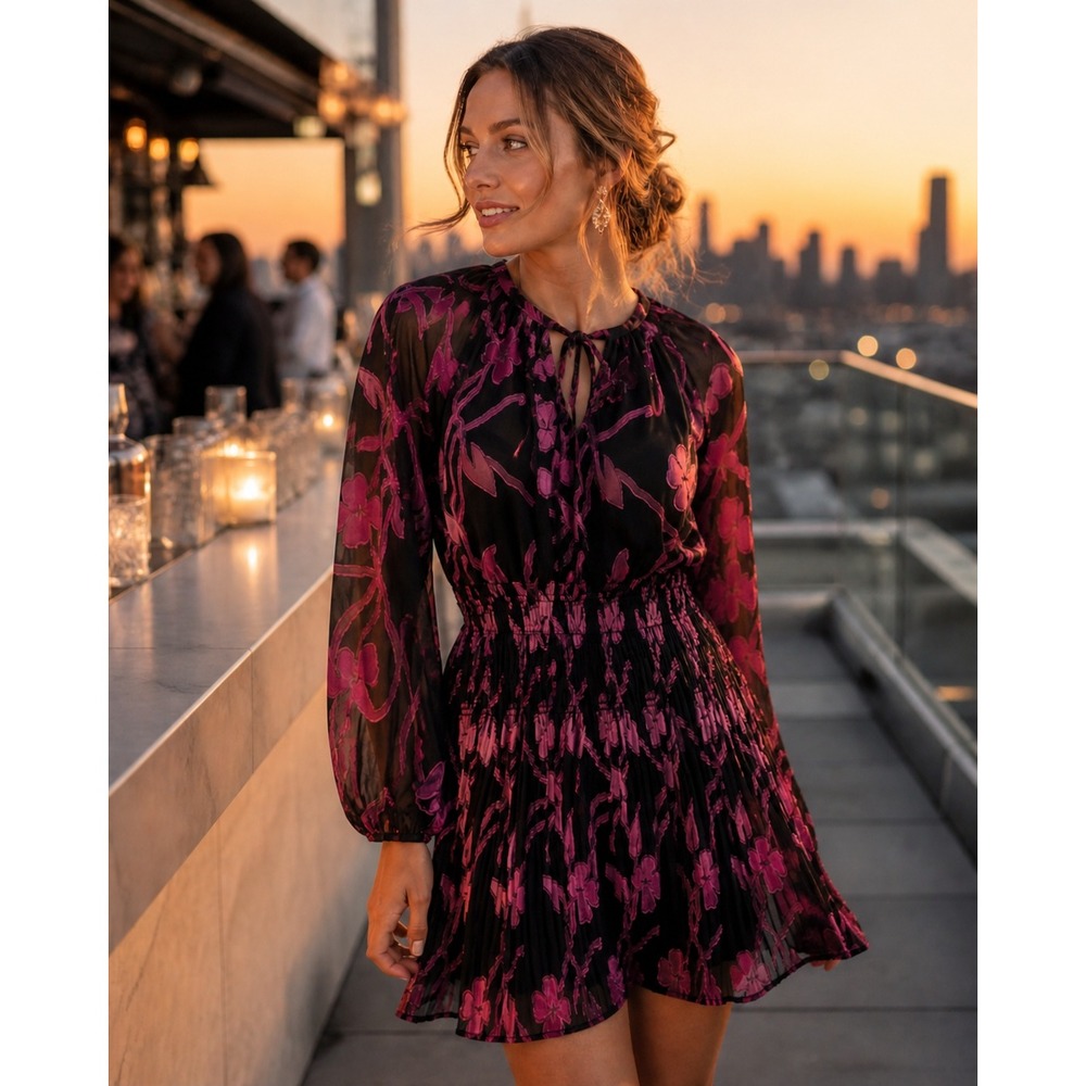 Current Air‎ Floral Burnout Smocked Waist Pleated Mini Dress Sheer Pink Black S
